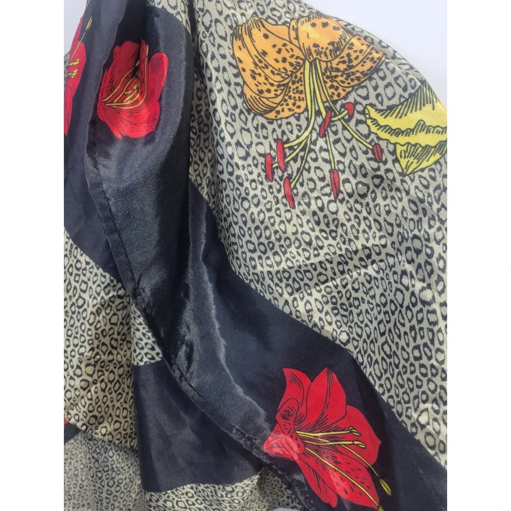 Vtg Style Leopard‎ and Floral Print Square Scarf Black trim 35x44